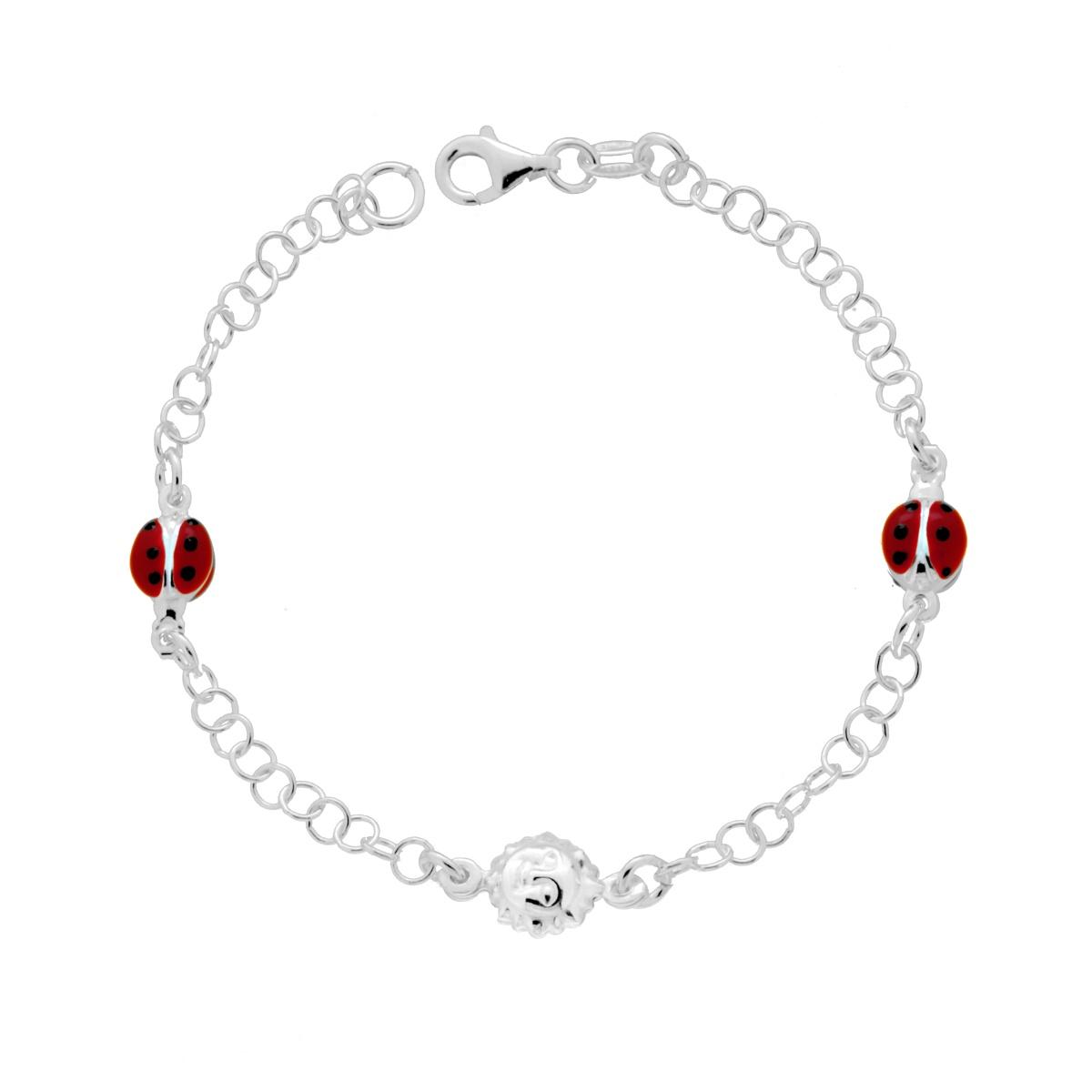 Bracciale Catena Forzatina Tonda con Sole e Coccinelle Smalto Rosso e Nero in ARGENTO 925