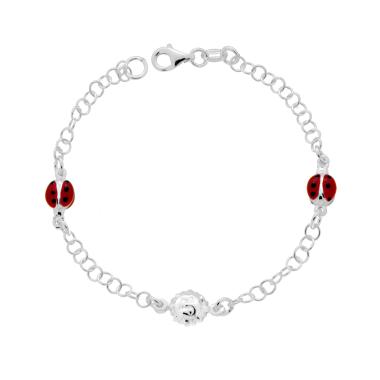 Bracciale Catena Forzatina Tonda con Sole e Coccinelle Smalto Rosso e Nero in ARGENTO 925