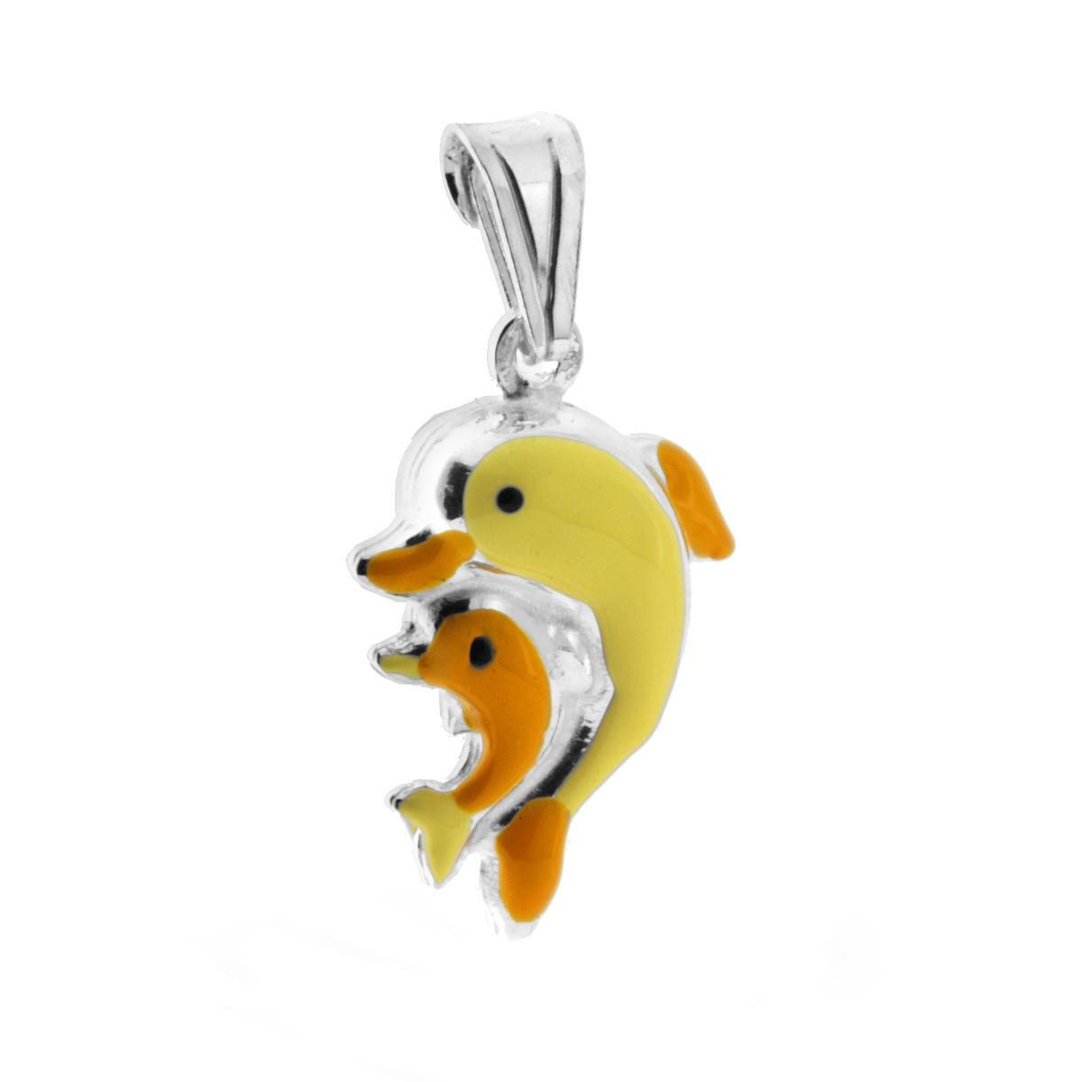 Ciondolo per Bimbo e Bimba con Delfini smaltato Giallo in ARGENTO 925