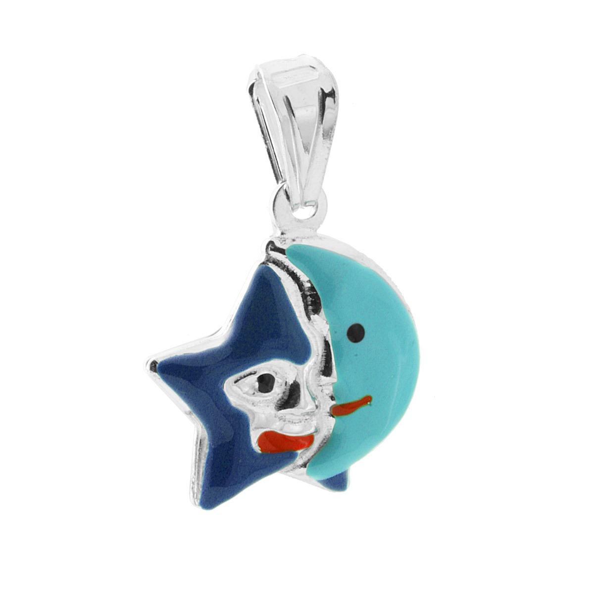 Ciondolo per Bimbo e Bimba con Stella e Luna smaltato Blu e Azzurro in ARGENTO 925