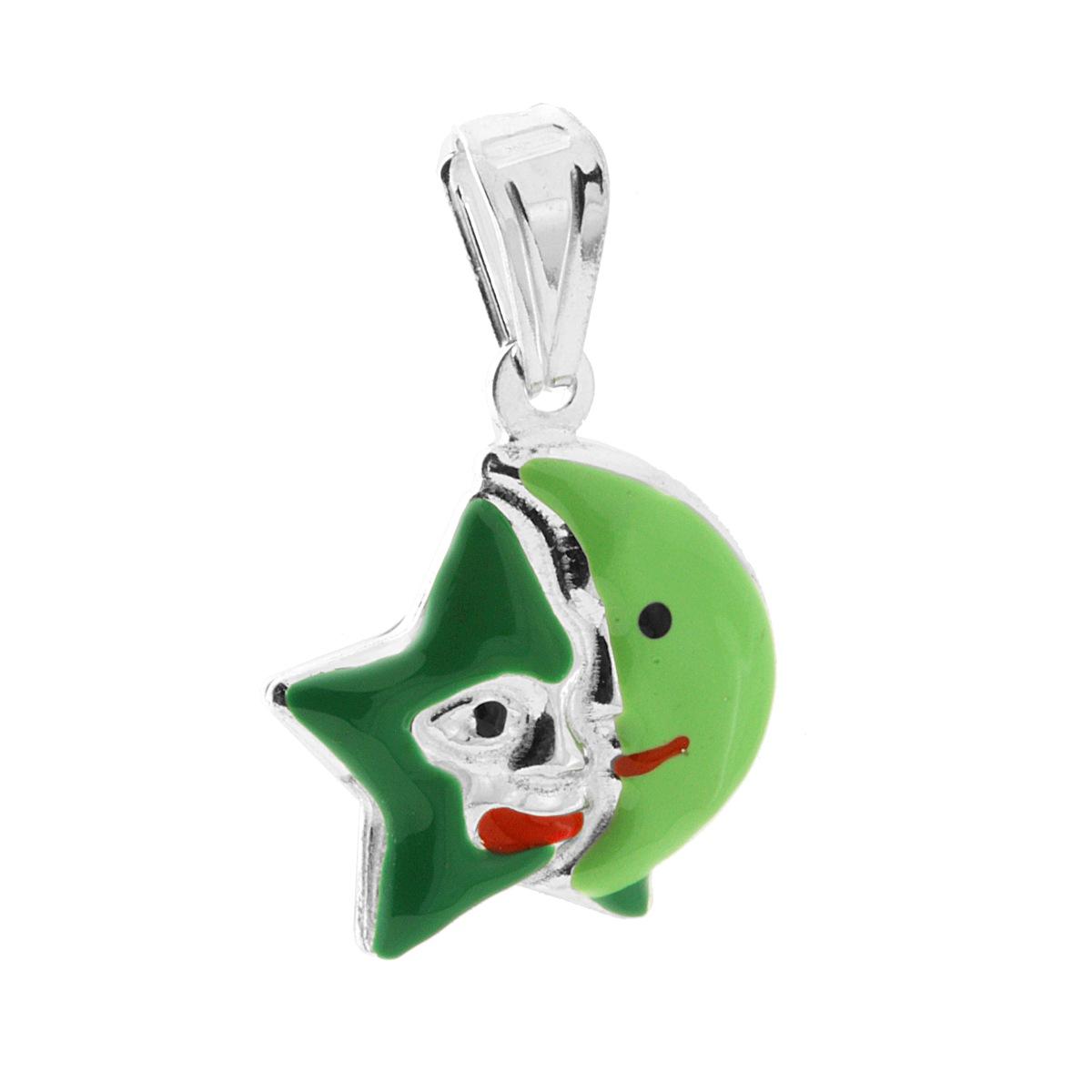 Ciondolo per Bimbo e Bimba con Stella e Luna smaltato Verde in ARGENTO 925