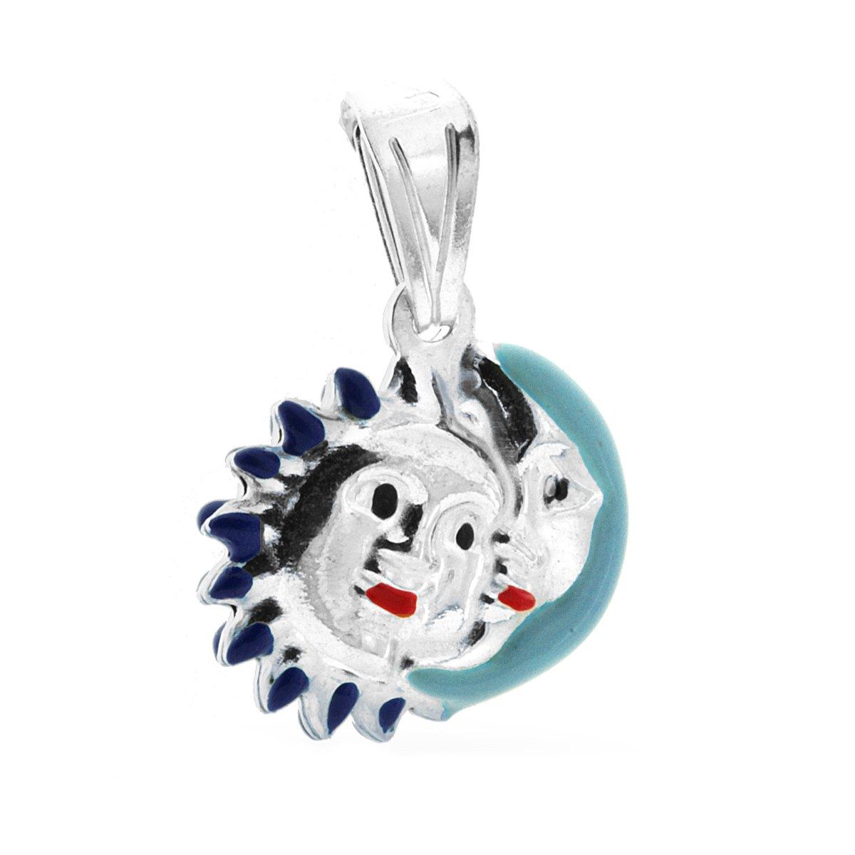 Ciondolo per Bimbo e Bimba con Sole e Luna smaltato Azzurro in ARGENTO 925
