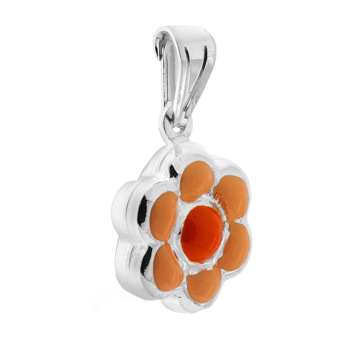 Ciondolo per Bimbo e Bimba con Fiore smaltato Arancione in ARGENTO 925