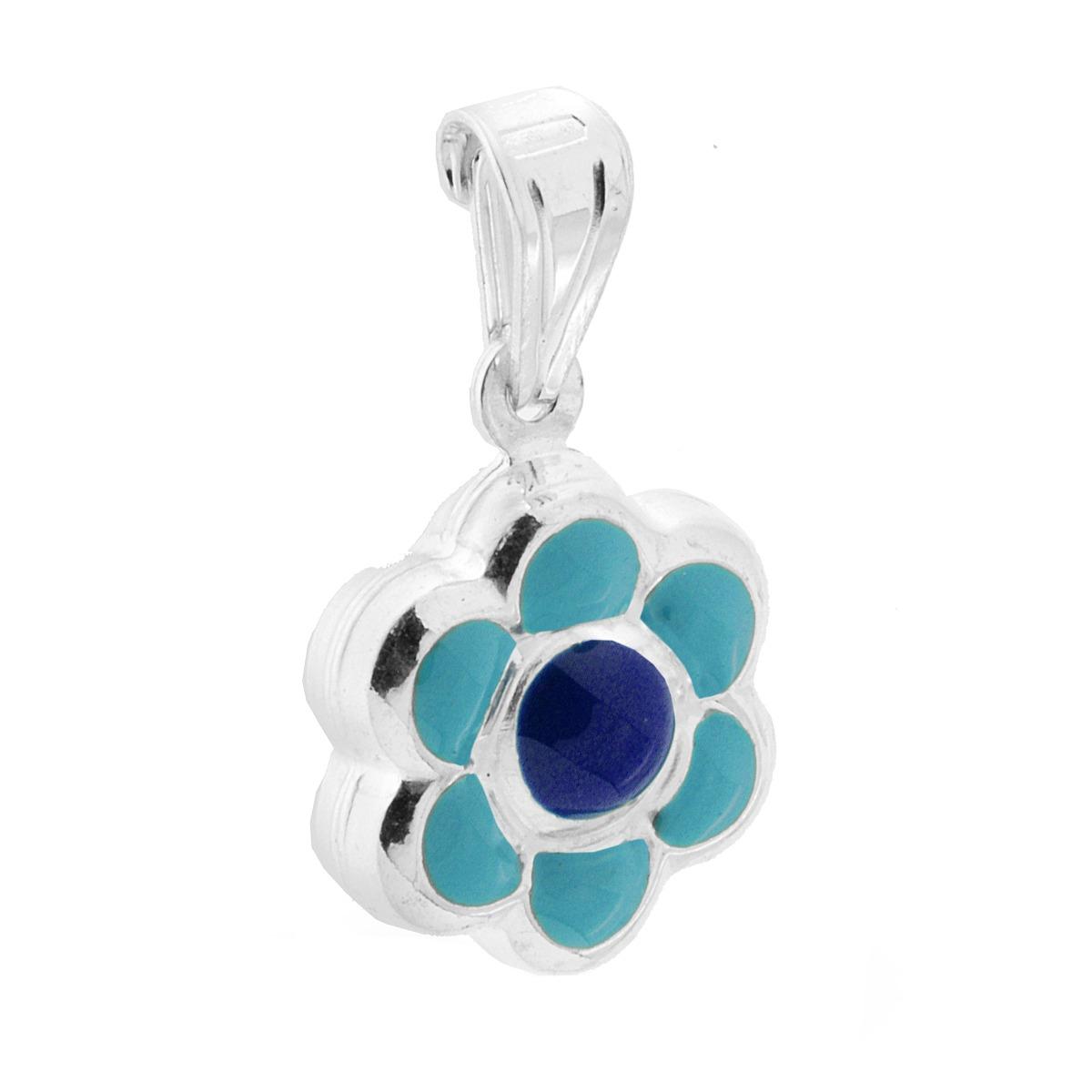 Ciondolo per Bimbo e Bimba con Fiore smaltato Azzurro in ARGENTO 925