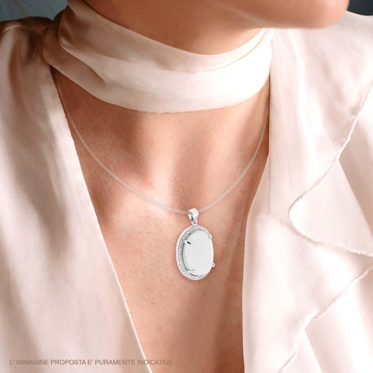 Ciondolo Geometrico Ovale con Pietra Bianca sfaccettata contornata con Zirconi Bianchi in ARGENTO 925 Galvanica Rodio