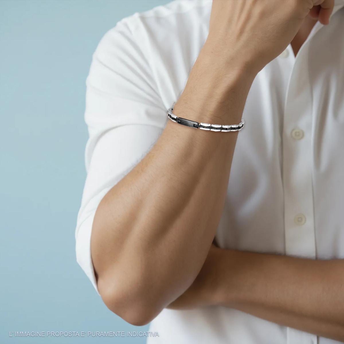 Bracciale Uomo Maglia Imperniata con Catena Acciaio e Nero con accessorio Targa Nero in ACCIAIO