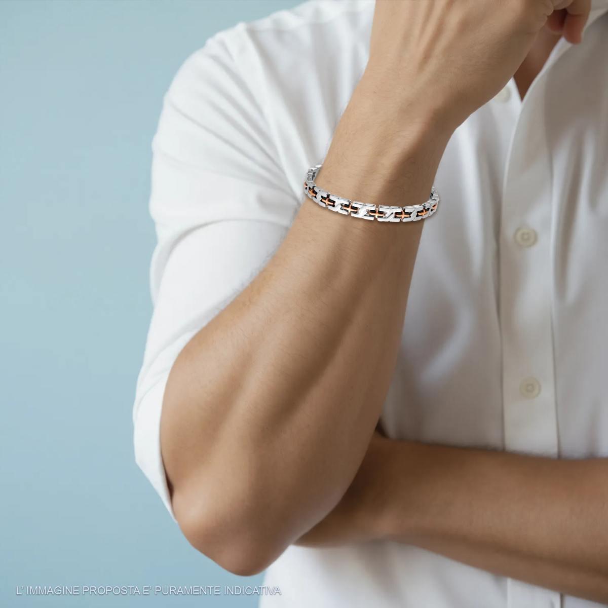 Bracciale Uomo Maglia Imperniata con Catena Acciaio e Croci colore Rosa in ACCIAIO