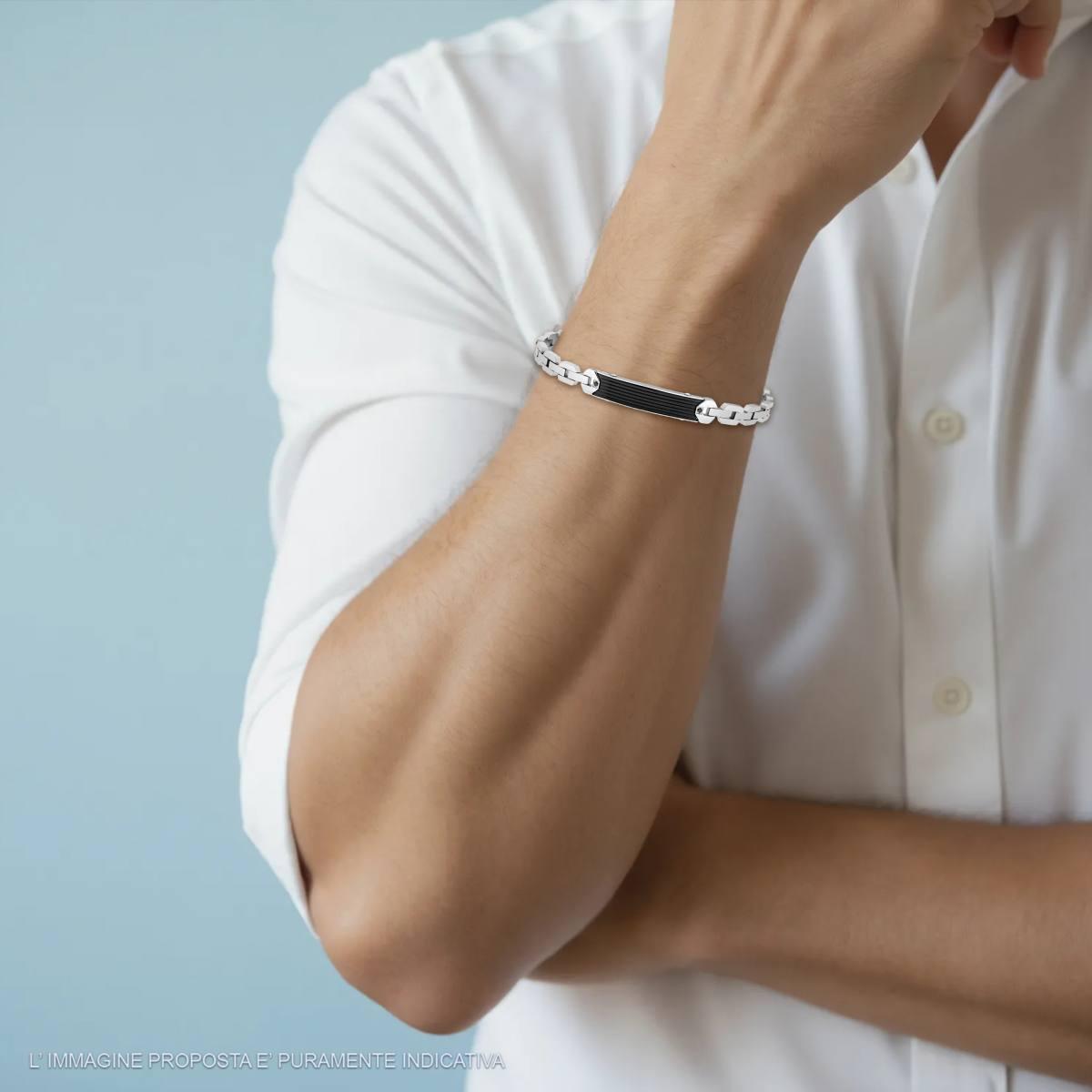 Bracciale Uomo Maglia Imperniata e Targa Nera con Crystal Neri in ACCIAIO