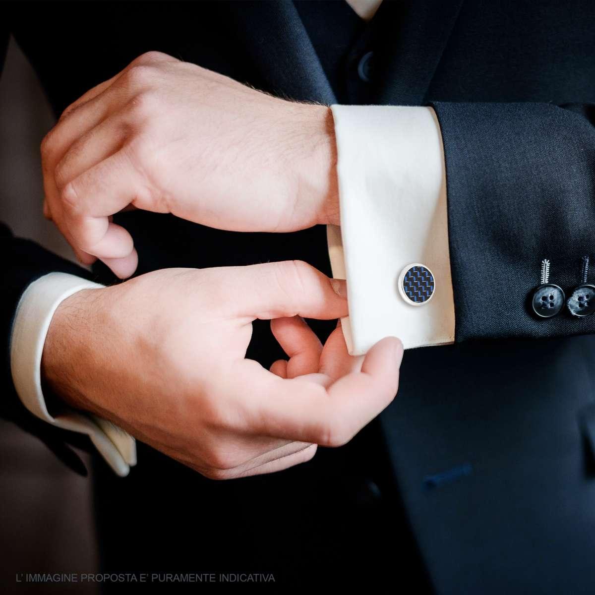 Accessori Gemelli Uomo forma Tonda mm 18 con applicazione Trama geometrica cangiante Blu in ACCIAIO