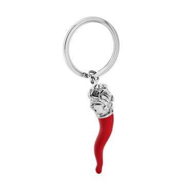Portachiavi Uomo Donna ad anello con soggeto Portafortuna a forma di Corno Rosso con faccia bendata in ACCIAIO