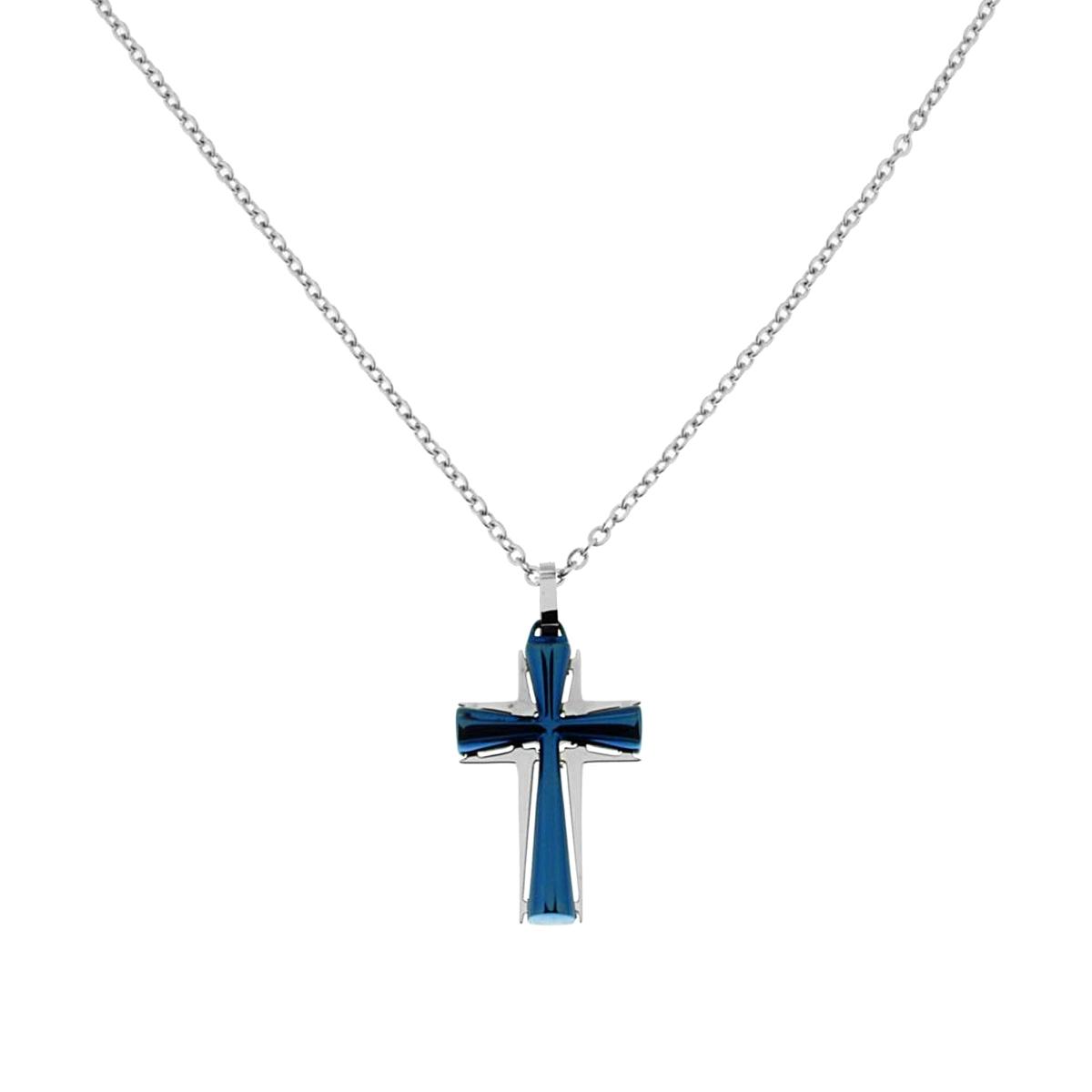 Collana con pendente a forma di Croce colore Acciaio e Blu in ACCIAIO
