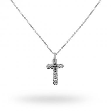 Collana con pendente a forma di Croce con Zirconi Neri in ACCIAIO