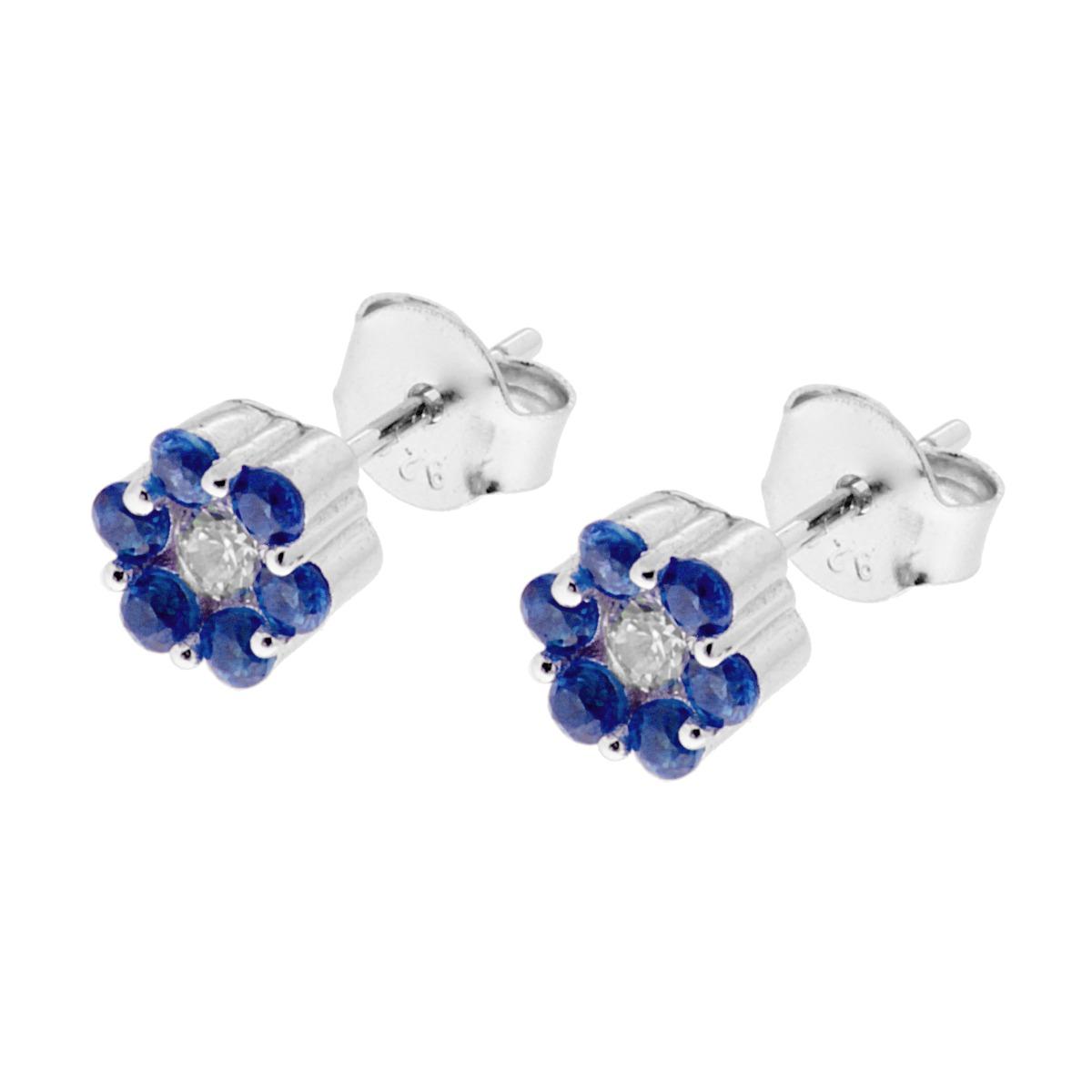 Orecchini Fiore con petali Zirconi Blu Zaffiro e centrale Zircone Bianco in ARGENTO 925 Galvanica Rodio