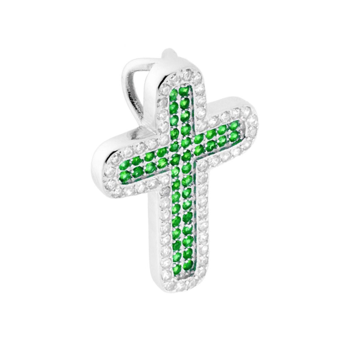 Ciondolo Croce con Zirconi Verde Smeraldo e Bianchi in ARGENTO 925 Galvanica Rodio