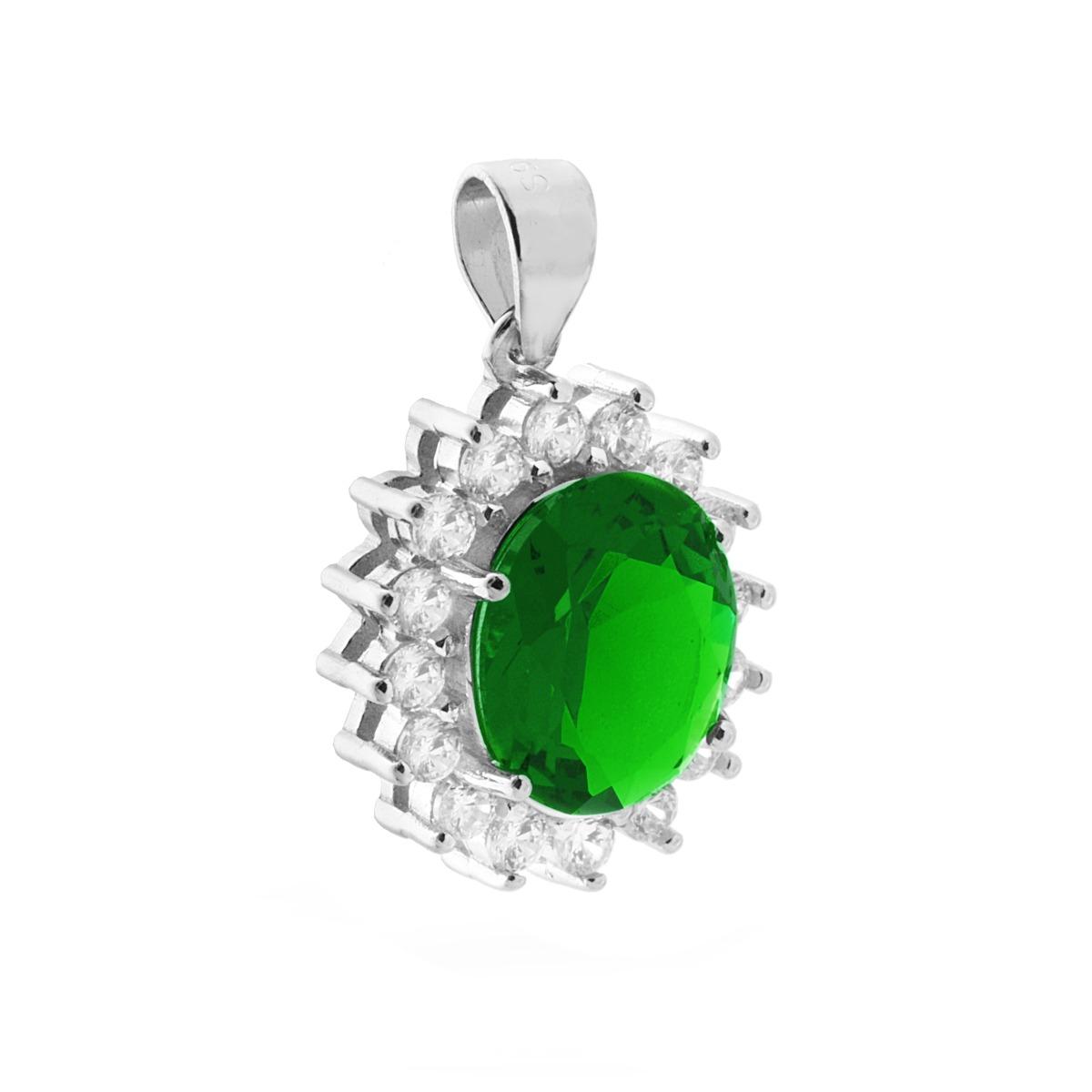 Ciondolo con Zircone Ovale Verde Smeraldo contornato da Zirconi Bianchi in ARGENTO 925 Galvanica Rodio