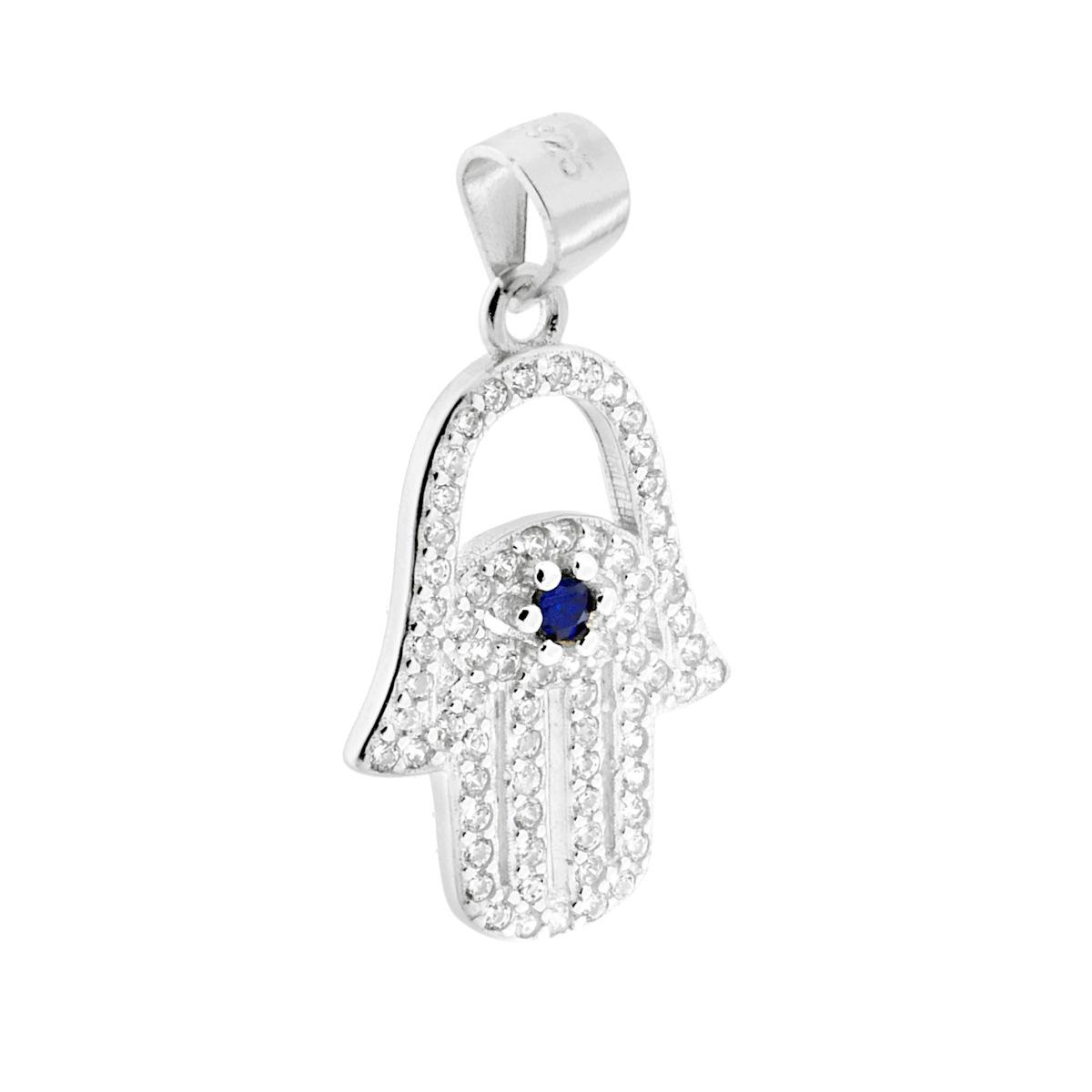 Ciondolo Mano di Fatima con Zirconi Bianchi e Zircone Blu Zaffiro in ARGENTO 925 Galvanica Rodio