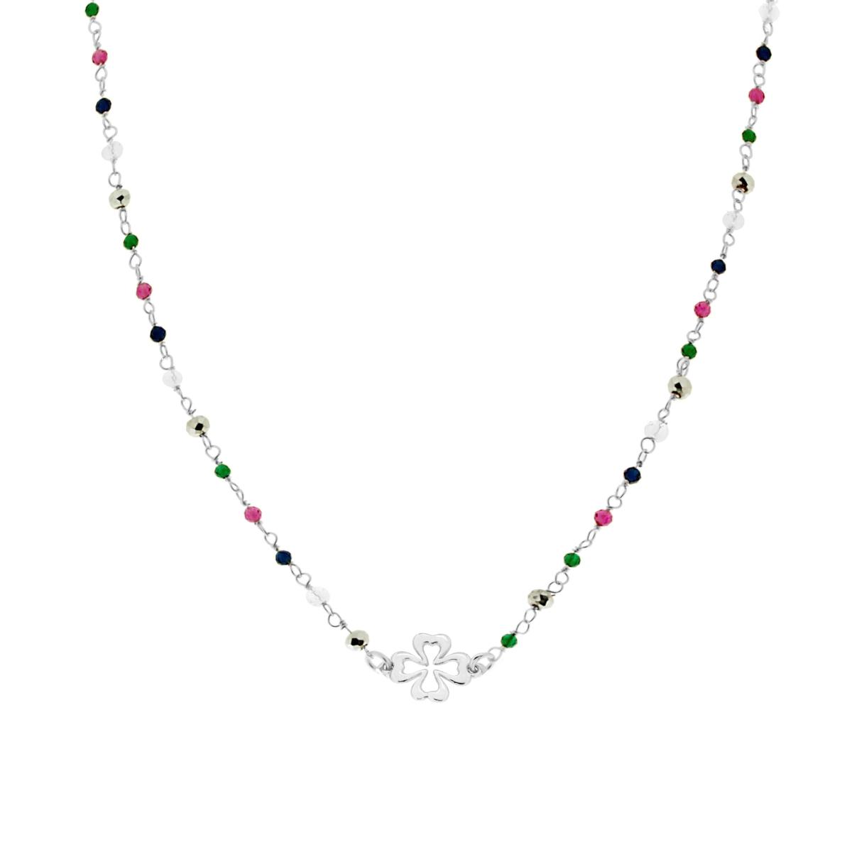 Collana con catena alternata a Crystal color con Quadrifoglio in ARGENTO 925 Galvanica Rodio
