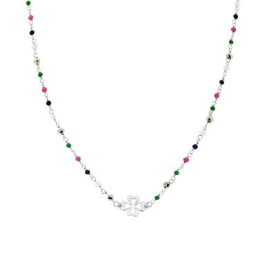Collana con catena alternata a Crystal color con Quadrifoglio in ARGENTO 925 Galvanica Rodio
