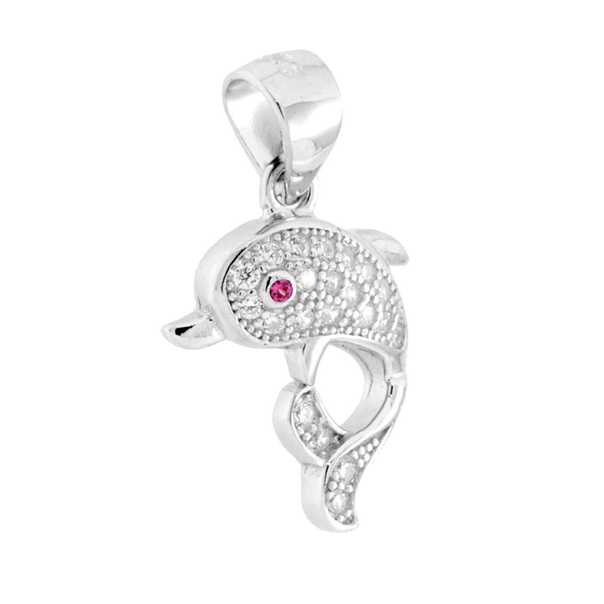 Ciondolo Delfino con Cubic Zirconia Bianchi e Occhio Rubino in ARGENTO 925 Galvanica Rodio