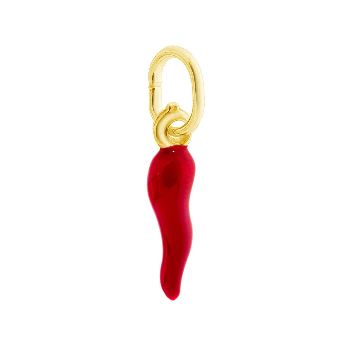 Ciondolo Portafortuna Corno mm 18 con Smalto Rosso in ARGENTO 925 Galvanica Oro