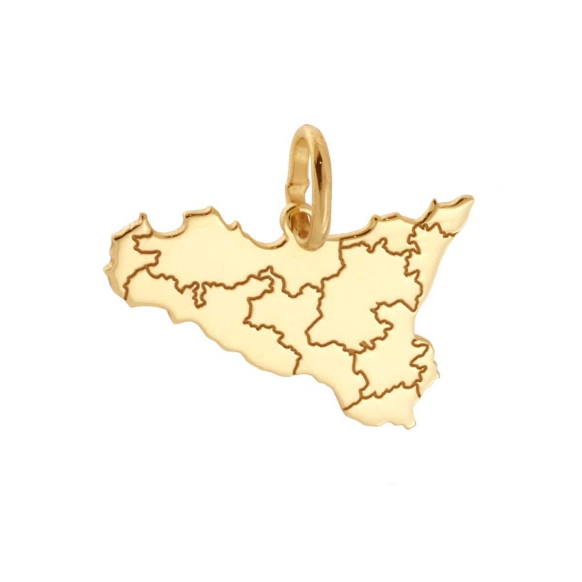 Ciondolo con sagoma plain a forma di Sicilia mm 17x25 con incisione province in ARGENTO 925 Galvanica Oro