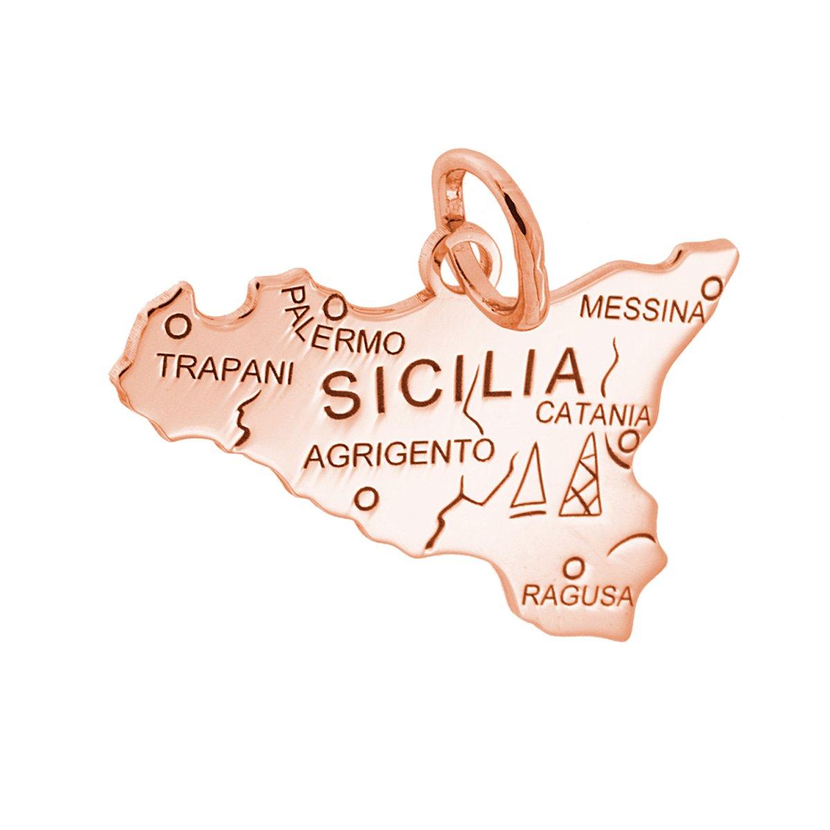Ciondolo con sagoma plain a forma di Sicilia mm 21x30 con incisione Province in ARGENTO 925 Galvanica Rosa