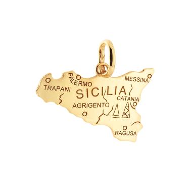 Ciondolo con sagoma plain a forma di Sicilia mm 17x25 con incisione Province in ARGENTO 925 Galvanica Oro