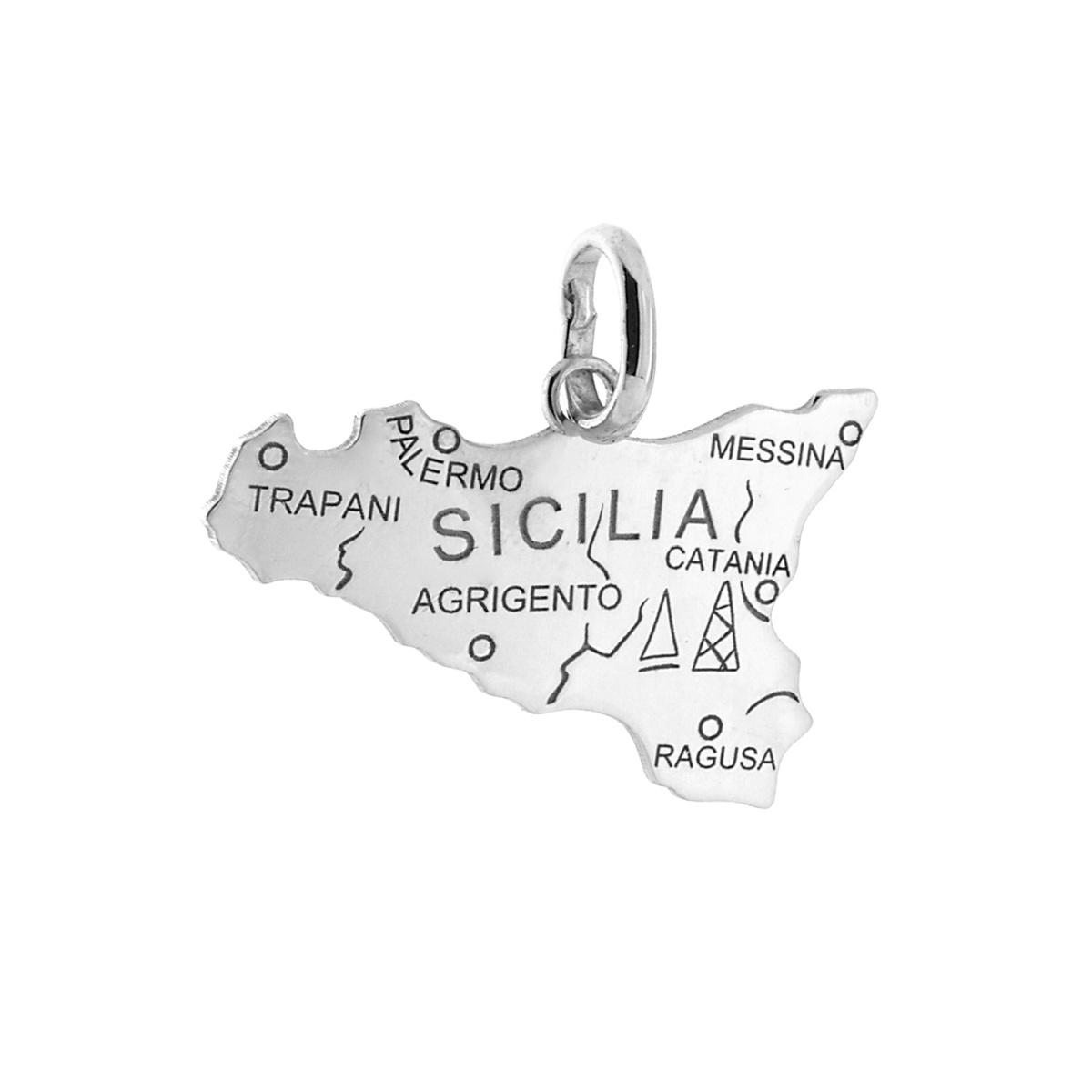 Ciondolo con sagoma plain a forma di Sicilia mm 17x25 con incisione Province in ARGENTO 925 Galvanica Rodio