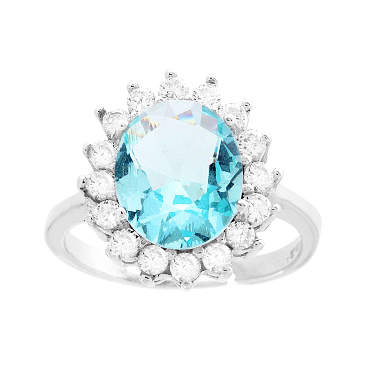 Anello Halo Solitario con Zircone Ovale Acquamarina contornato con Zirconi Bianchi in ARGENTO 925 Galvanica Rodio