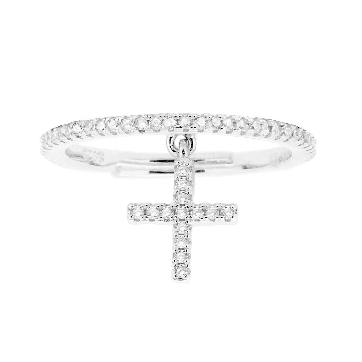 Anello Veretta con Croce pendente e Cubic Zirconia Bianchi in ARGENTO 925 Galvanica Rodio