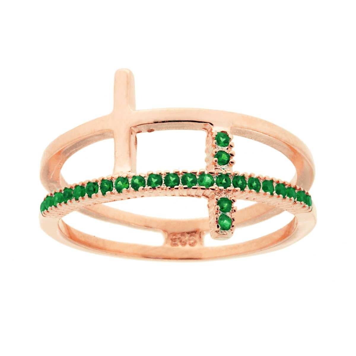 Anello doppio filo modello veretta con Zirconi Verde Smeraldo e Croce in ARGENTO 925 Galvanica Rosa