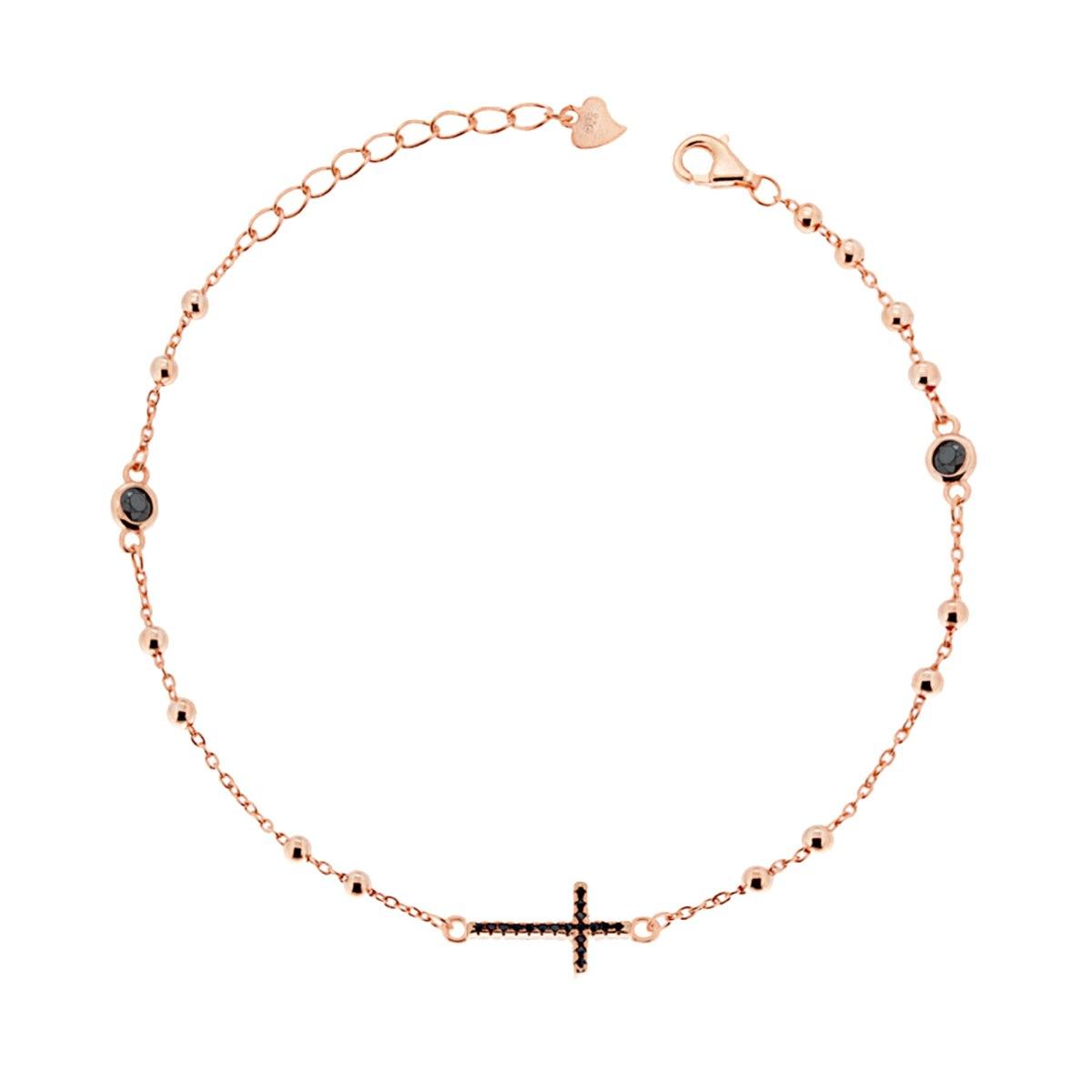 Bracciale Rosario cm 20 con Palline mm 2.5 Croce e Zirconi Neri in ARGENTO 925 Galvanica Rosa