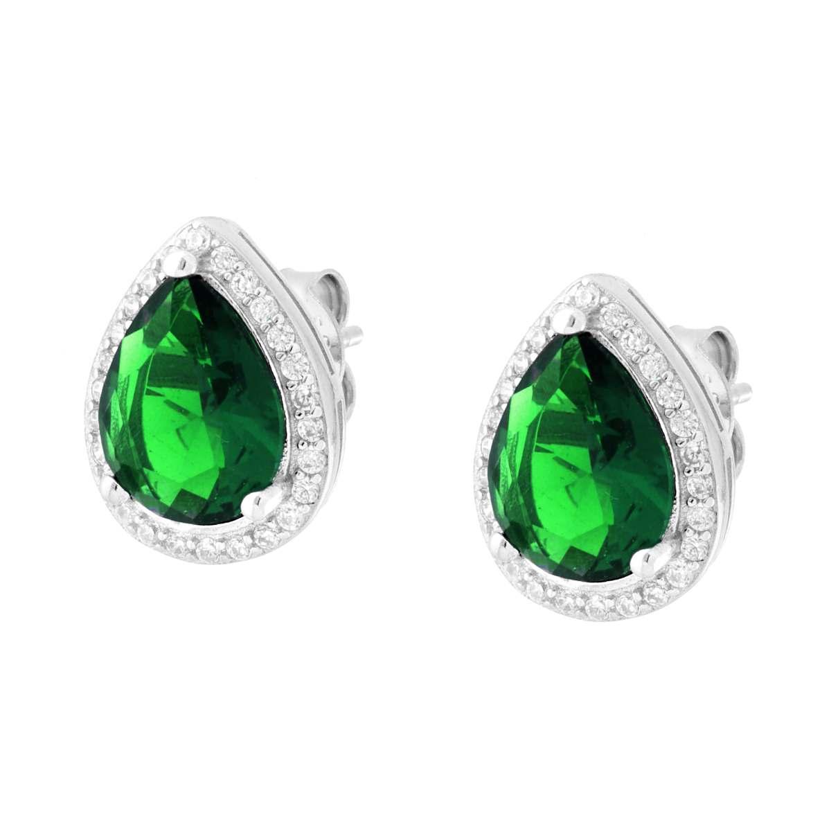 Orecchini Goccia con Zircone Verde Smeraldo contornato con Zirconi Bianchi in ARGENTO 925 Galvanica Rodio