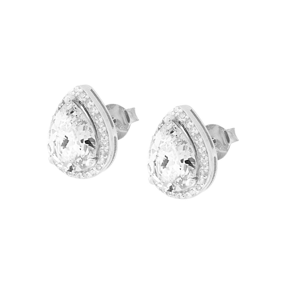 Orecchini Goccia con Zircone Bianco contornato con Zirconi Bianchi in ARGENTO 925 Galvanica Rodio
