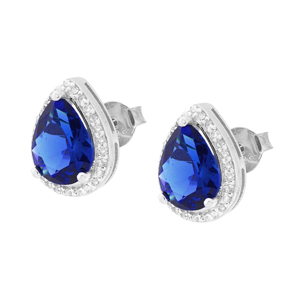 Orecchini Goccia con Zircone Blu Zaffiro contornato con Zirconi Bianchi in ARGENTO 925 Galvanica Rodio