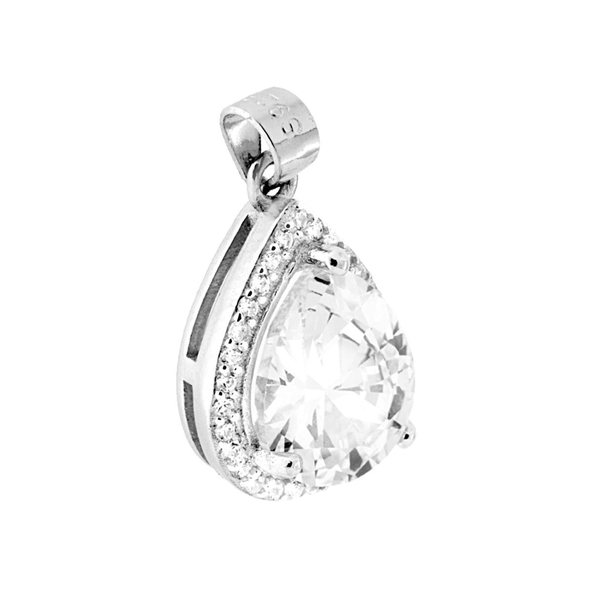 Ciondolo Goccia con Zircone Bianco contornato da Zirconi Bianchi in ARGENTO 925 Galvanica Rodio