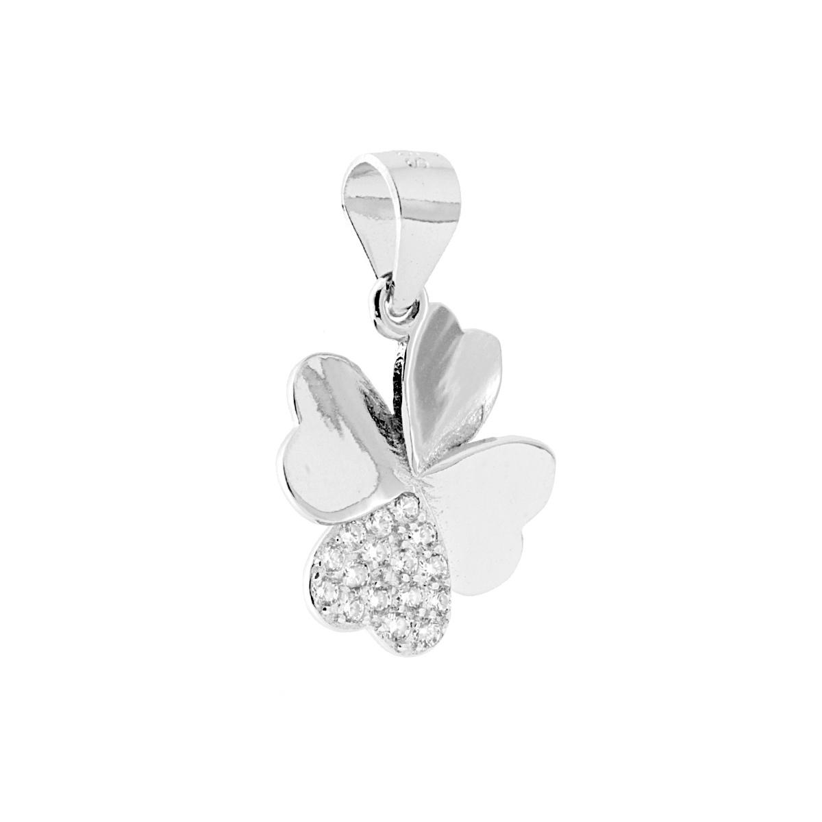 Ciondolo Quadrifoglio Cuori con Zirconi Bianchi in ARGENTO 925 Galvanica Rodio
