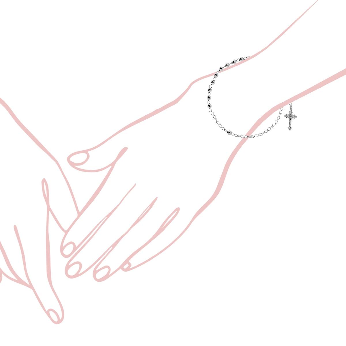 Bracciale Rosario cm 19 con Grani Diamantati mm 4 e Croce pendente in ARGENTO 925 Galvanica Rodio