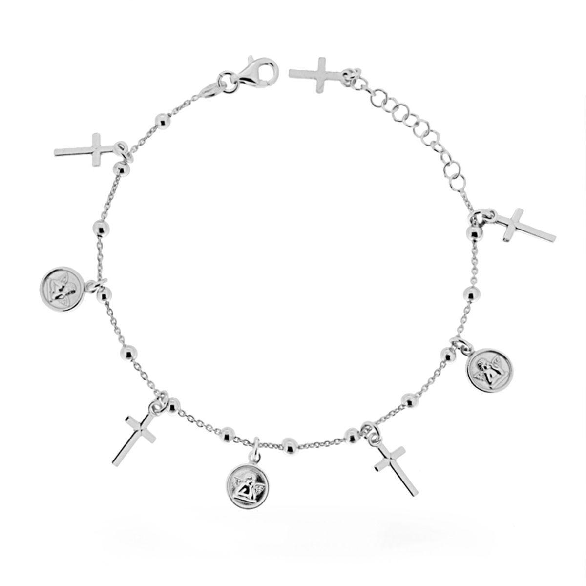 Bracciale catena Forzatina e palline lisce mm 3 Sacro con Ciondoli pendenti in ARGENTO 925 Galvanica Rodio