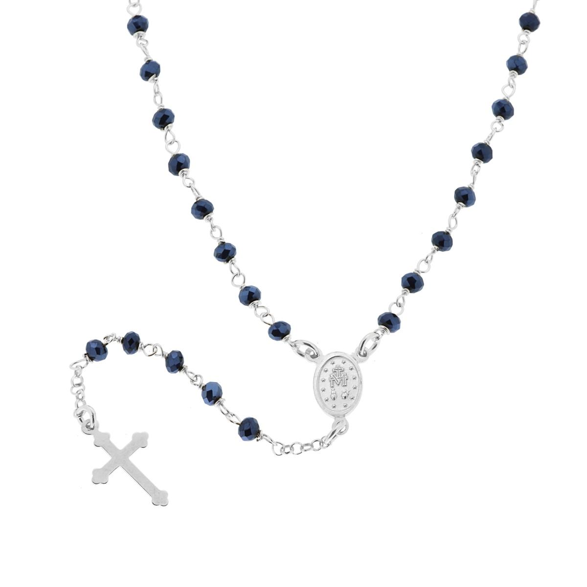 Collana Rosario cm 50 con Grani in Crystal colore Blu Avion mm 3.5 in ARGENTO 925 Galvanica Rodio