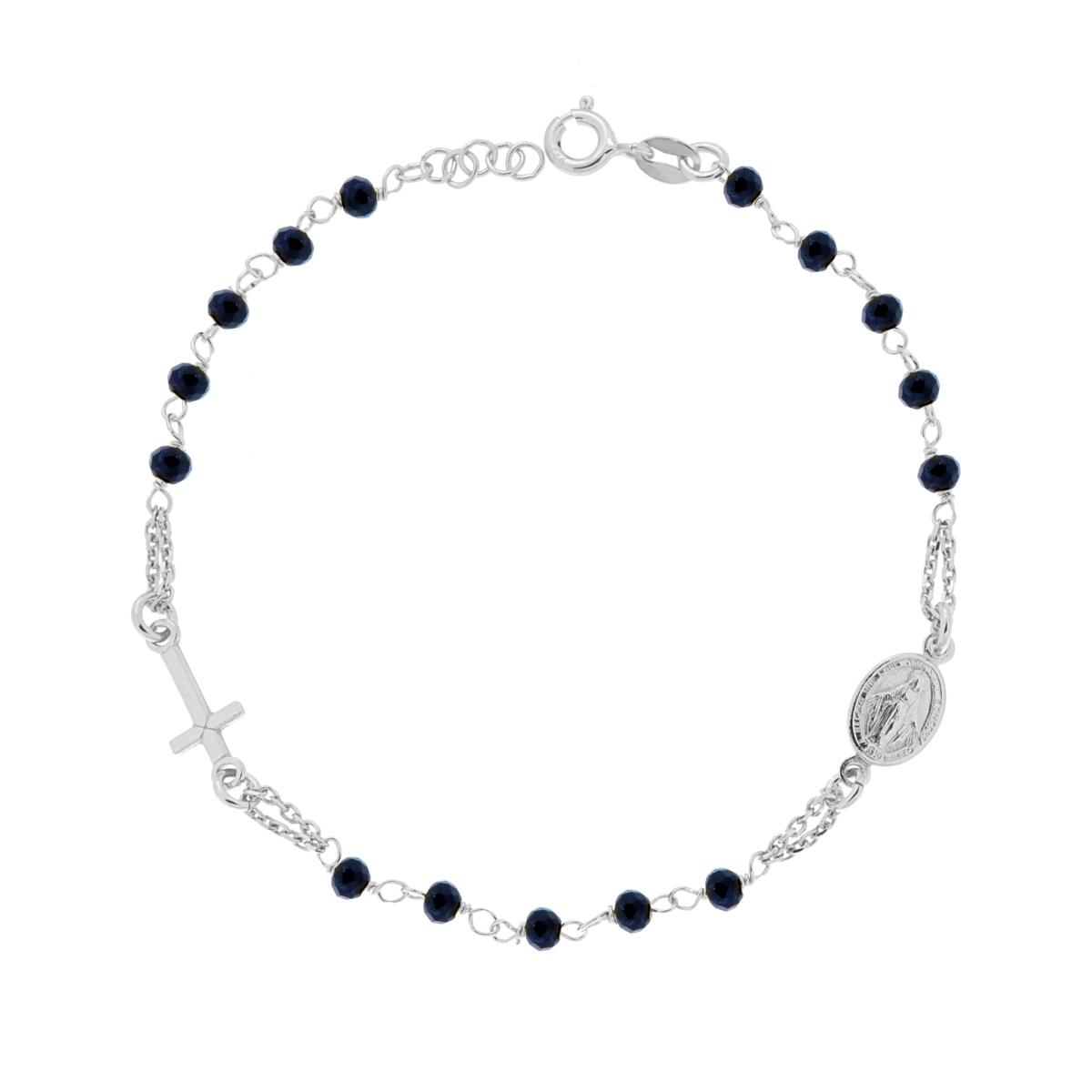 Bracciale Rosario cm 18+2 con Grani in Crystal colore Blu mm 3.5 con Croce e Medaglia Madonna in ARGENTO 925 Galvanica Rodio