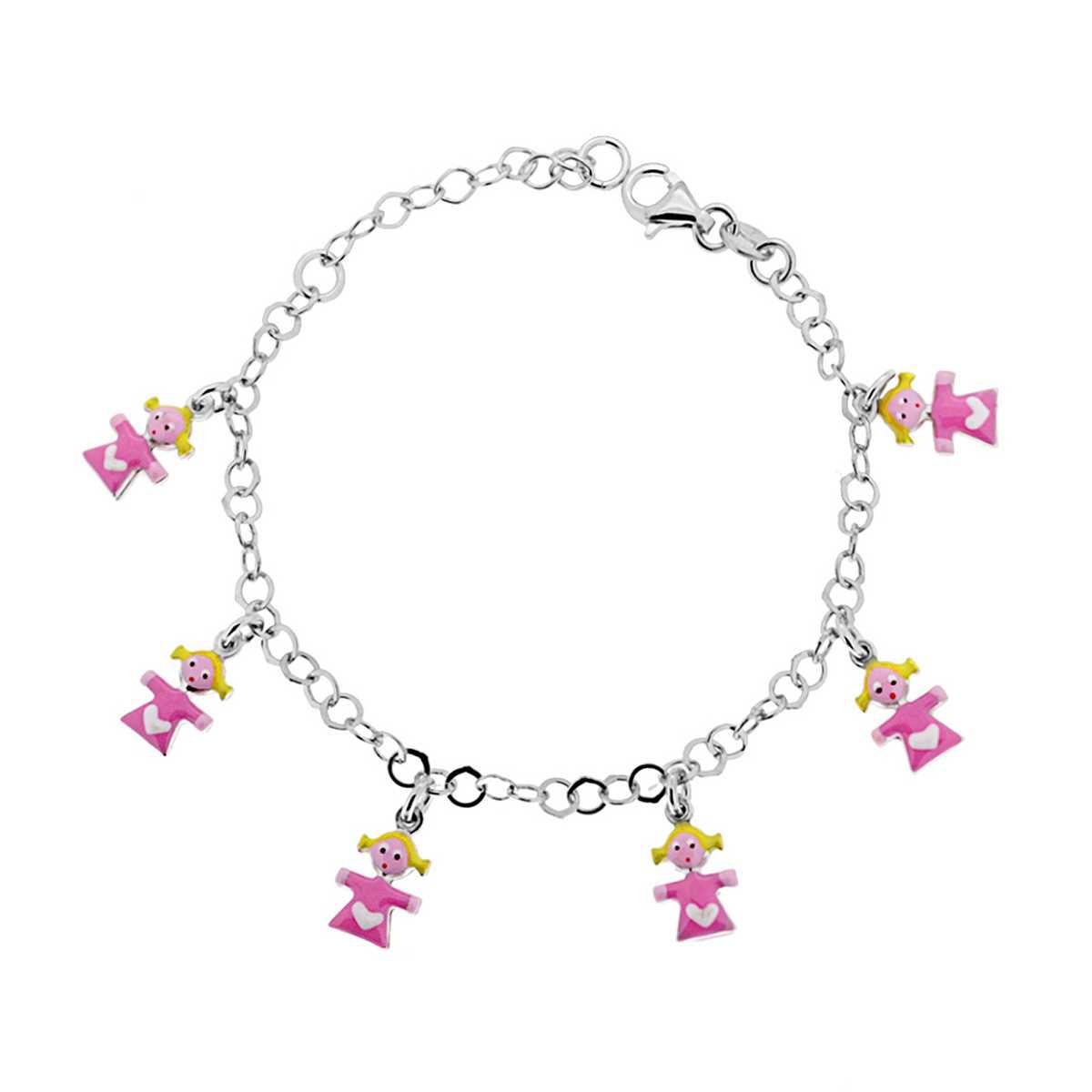 Bracciale Bimbo Bimba Catena Rolo con Bimbe Pendenti smaltate in ARGENTO 925 Galvanica Rodio