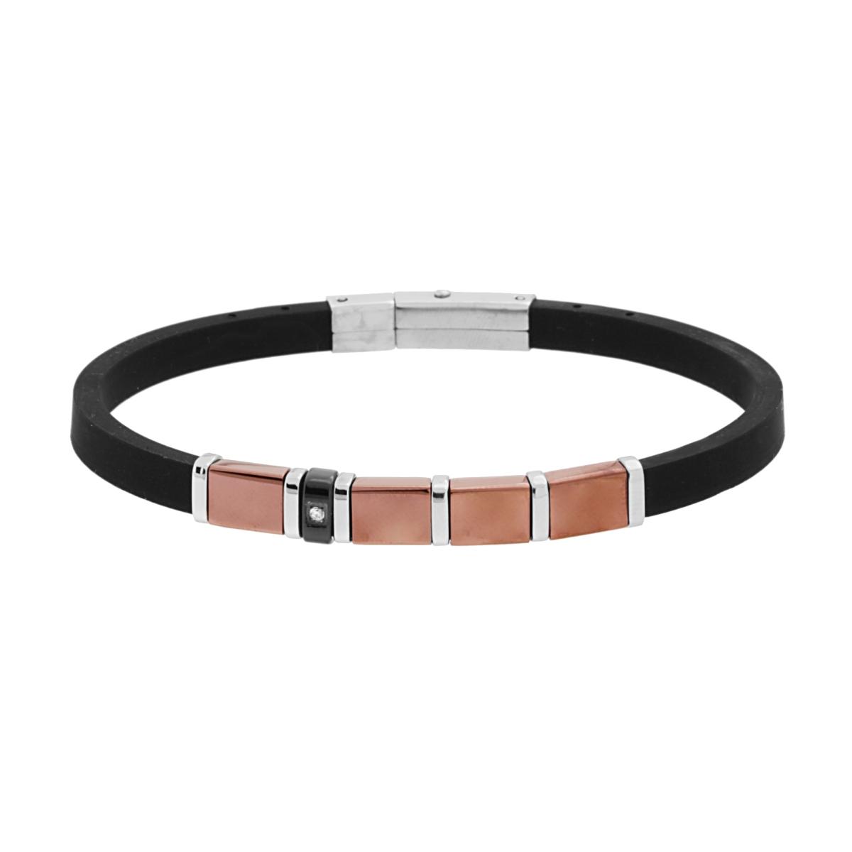 Bracciale in Caucciù PVC Nero con Quadrotti Galvanica Rame e Crystal Bianco in ACCIAIO