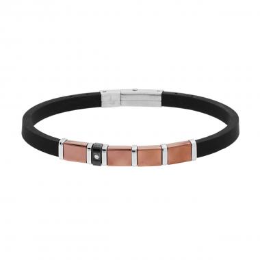 Bracciale in Caucciù PVC Nero con Quadrotti Galvanica Rame e Crystal Bianco in ACCIAIO