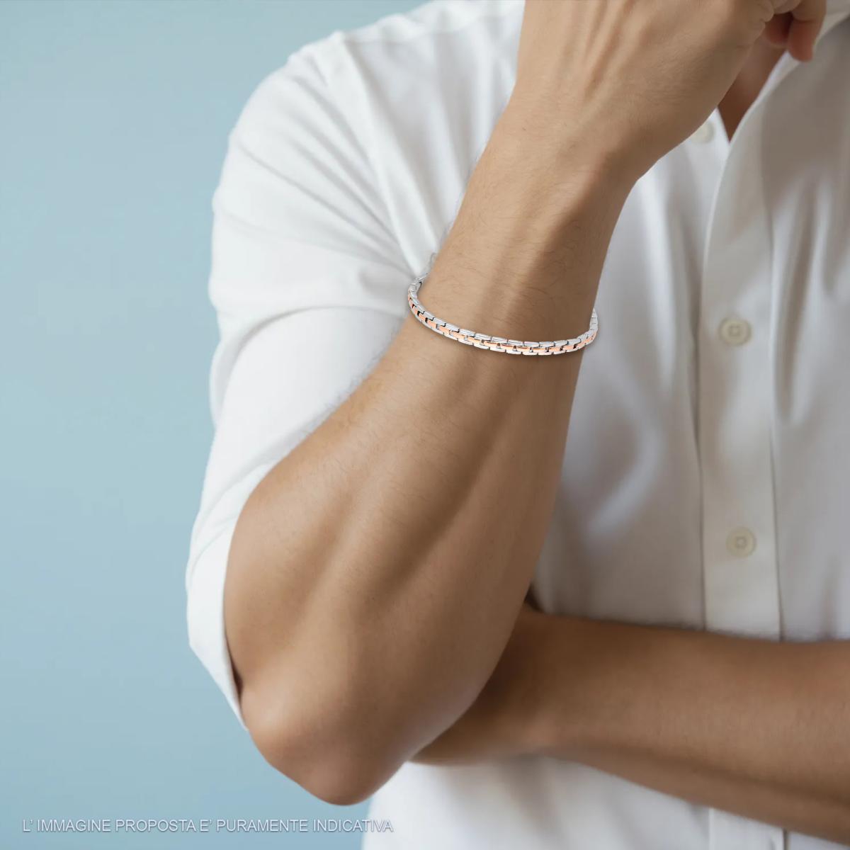 Bracciale Uomo Maglia Imperniata con Dettagli Galvanica Rosa in ACCIAIO