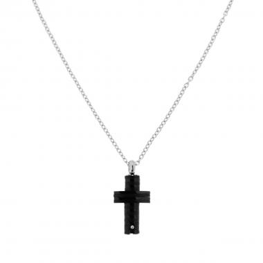 Collana Catena Forzatina con Croce Laccata colore Nero e Crystal Bianco in ACCIAIO