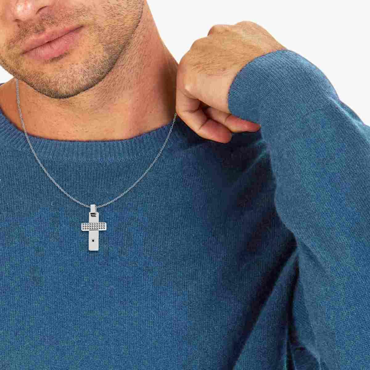 Collana Catena Forzatina con Croce con Crystal Nero in ACCIAIO