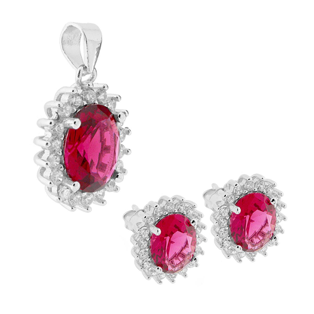 Parure Set Ciondolo e Orecchini Zircone Ovale Rosso Rubino contornato con Zirconi Bianco in ARGENTO 925 Galvanica Rodio