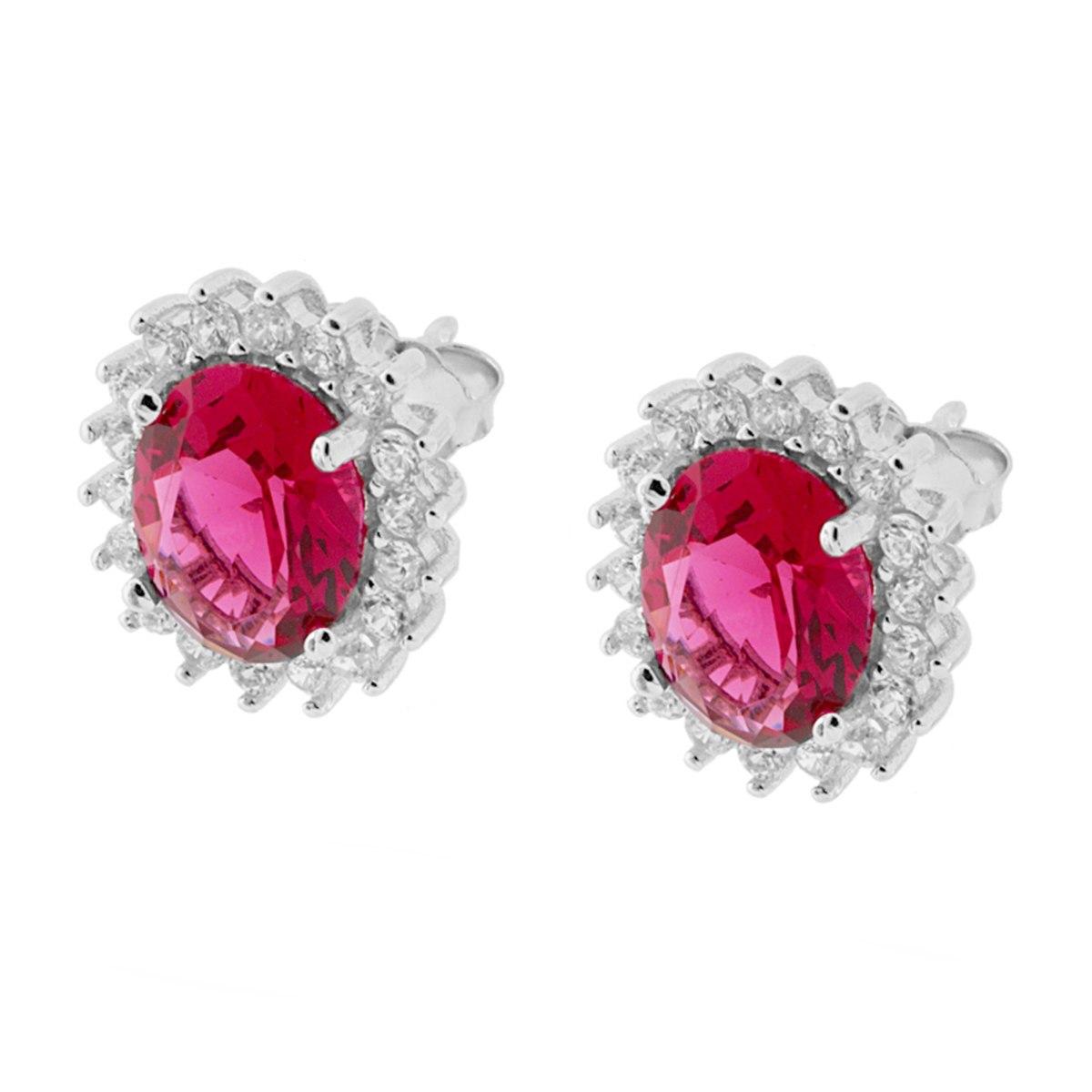 Parure Set Ciondolo e Orecchini Zircone Ovale Rosso Rubino contornato con Zirconi Bianco in ARGENTO 925 Galvanica Rodio
