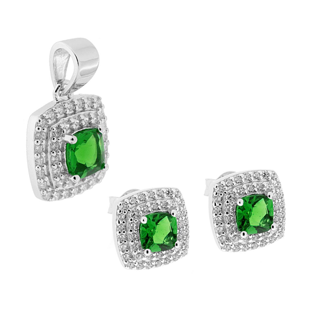 Parure Set Ciondolo e Orecchini Zircone Quadrato Verde Smeraldo contornato con Zirconi Bianco in ARGENTO 925 Galvanica Rodio